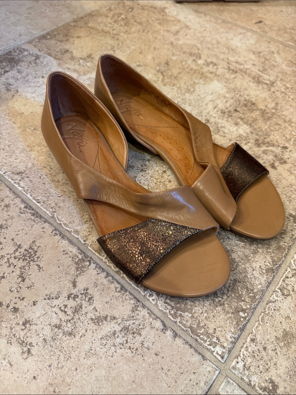 Naya Tan Open-Toe D’Orsay Flats with Metallic Bronze Accent